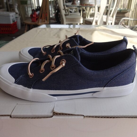 Sperry denim women's sneakers size 4M, slip on, gold leather laces, like new - Picture 1 of 15